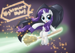 Size: 1400x1005 | Tagged: dead source, safe, artist:kaizenwerx, rarity, pony, unicorn, g4, broom, cute, female, flying, flying broomstick, hat, looking at you, magic, nightmare night, raribetes, solo, sparkles, witch, witch hat