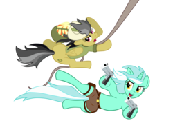 Size: 5000x3750 | Tagged: safe, artist:bipole, daring do, lyra heartstrings, g4, absurd resolution, action pose, cosplay, dual pistols, dual wield, gun, simple background, swinging, tomb raider, transparent background, vector, weapon, who needs trigger fingers