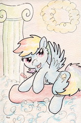 Size: 737x1115 | Tagged: safe, artist:slightlyshade, rainbow dash, pony, g4, clothes, female, shorts, solo, traditional art, whistle