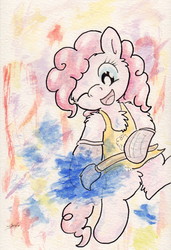 Size: 741x1084 | Tagged: safe, artist:slightlyshade, pinkie pie, earth pony, semi-anthro, g4, apron, clothes, female, oven mitts, paint, paint on fur, paintbrush, solo, traditional art