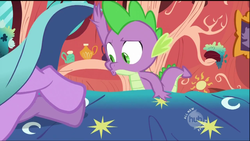 Size: 1280x720 | Tagged: safe, screencap, spike, twilight sparkle, dragon, pony, unicorn, g4, lesson zero, season 2, baby, baby dragon, bed, duo, female, golden oaks library, green eyes, interior, male, mare, out of context, purple body, purple coat, purple fur, purple pony, purple scales, purple skin, unicorn twilight