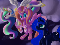 Size: 900x675 | Tagged: safe, artist:paintrolleire, princess celestia, princess luna, oc, g4