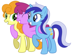 Size: 7500x5500 | Tagged: safe, artist:drfatalchunk, berry punch, berryshine, carrot top, golden harvest, minuette, earth pony, pony, unicorn, g4, ^^, absurd resolution, background pony, berrybetes, cute, cutie top, eyes closed, female, hug, minubetes, simple background, smiling, transparent background, trio, trio female, vector