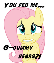 Size: 3000x3500 | Tagged: safe, fluttershy, pony, g4, dialogue, female, front view, full face view, gummy bears, hooves to the chest, lip bite, looking at you, mare, scared, simple background, solo, white background