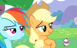 Size: 1069x664 | Tagged: safe, screencap, applejack, rainbow dash, g4, lidded eyes, scrunchy face