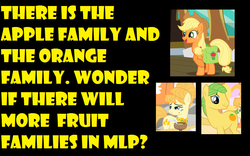 Size: 914x572 | Tagged: safe, applejack, aunt orange, uncle orange, g4, apple, family, hilarious in hindsight, meme, orange, ship:the oranges, yellow words