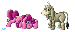 Size: 1000x433 | Tagged: safe, artist:slushiowl, cranky doodle donkey, pinkie pie, donkey, earth pony, pony, g4, bald, simple background, white background