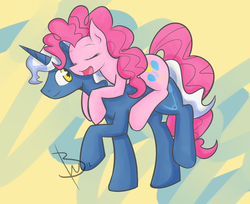 Size: 1944x1584 | Tagged: safe, artist:blackswhites, pinkie pie, pokey pierce, earth pony, pony, unicorn, g4, carrying, female, male, ponies riding ponies, riding, ship:pokeypie, shipping, straight