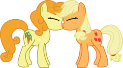 Size: 1966x1088 | Tagged: safe, artist:aaron amethyst, applejack, carrot top, golden harvest, earth pony, pony, g4, carrotjack, female, kissing, lesbian, mare, shipping, simple background, transparent background