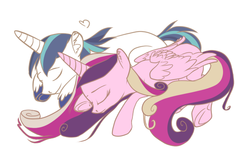 Size: 621x400 | Tagged: safe, artist:aix-galericulata, princess cadance, shining armor, alicorn, pony, unicorn, g4, eyes closed, female, heart, male, mare, ship:shiningcadance, shipping, sleeping, stallion, straight