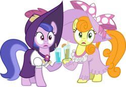 Size: 12390x8645 | Tagged: safe, artist:likonan, carrot top, golden harvest, sea swirl, seafoam, earth pony, pony, unicorn, g4, absurd resolution, alternate hairstyle, clothes, dress, fancy mare, missing horn, shocked, simple background, transparent background, vector