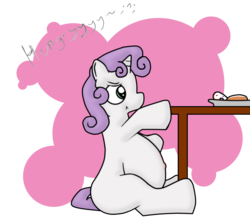 Size: 1625x1409 | Tagged: safe, artist:cloudmentality, sweetie belle, g4, belly, bellyache, food, hungry, preggy belle, pregnant, simple background, sitting, swelling, swollen, table, transparent background