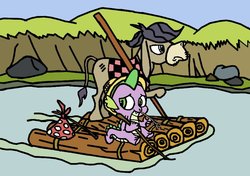 Size: 812x572 | Tagged: safe, artist:closer-to-the-sun, cranky doodle donkey, spike, donkey, dragon quest, g4, my little pony: friendship is magic, bindle, duo, huckleberry finn, raft, river, straw, water