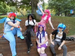 Size: 960x720 | Tagged: safe, artist:norikat, artist:vidot, dj pon-3, octavia melody, pinkie pie, rainbow dash, twilight sparkle, vinyl scratch, human, g4, cosplay, group shot, irl, irl human, photo