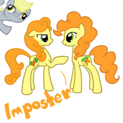 Size: 600x600 | Tagged: safe, artist:otterlore, carrot top, derpy hooves, golden harvest, earth pony, pegasus, pony, g4, duality, female, impostor, mare, simple background, square crossover, transparent background