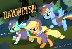 Size: 1076x742 | Tagged: source needed, safe, artist:slitherpon, applejack, lyra heartstrings, rainbow dash, g4, bayonet, gun, horses and bayonets, military, musket, new lunar republic, weapon