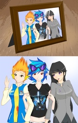 Size: 1500x2360 | Tagged: safe, artist:jonfawkes, dj pon-3, octavia melody, spitfire, vinyl scratch, human, g4, humanized, photo