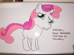 Size: 4000x3000 | Tagged: safe, artist:nyase, sweetie belle, pony, robot, robot pony, unicorn, g4, annoy your co-worker, blank flank, female, filly, foal, hooves, horn, photo, solo, sweetie bot, text, whiteboard