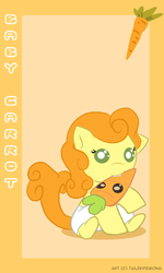 Size: 400x667 | Tagged: safe, artist:doublerainbowfilly, carrot top, golden harvest, pony, g4, baby, baby pony, biting, carrot, cute, cutie top, diaper, female, foal, food, nom, plushie, smiling, solo