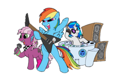 Size: 1728x1152 | Tagged: safe, artist:artdude529, cheerilee, dj pon-3, rainbow dash, vinyl scratch, g4, 80s, 80s cheerilee, flying v, guitar, microphone, musical instrument, rock (music), simple background, transparent background, turntable, younger