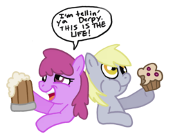 Size: 1865x1450 | Tagged: safe, artist:artdude529, berry punch, berryshine, derpy hooves, pegasus, pony, g4, drunk, female, mare, muffin, simple background, transparent background