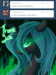 Size: 750x1013 | Tagged: safe, artist:ensayne, queen chrysalis, g4, ask, bust, glowing, glowing eyes, portrait, side view, thank you, tumblr