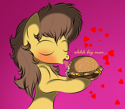 Size: 1137x998 | Tagged: safe, artist:v-d-k, caramel, g4, big mac (burger), blushing, burger, food, hamburger, heart, licking, mcdonald's, ponies eating meat, pun, spit