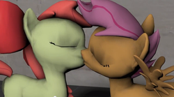 Size: 851x473 | Tagged: dead source, safe, artist:twily404, apple bloom, scootaloo, earth pony, pegasus, pony, g4, 3d, female, filly, foal, kiss on the lips, kissing, lesbian, love, ship:scootabloom, shipping, source filmmaker, video at source, youtube link
