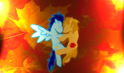 Size: 1417x833 | Tagged: safe, artist:kothewolf, braeburn, soarin', g4, gay, leaves, male, ship:soarburn, shipping, wallpaper