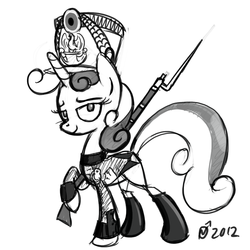 Size: 1000x1000 | Tagged: safe, artist:derkrazykraut, sweetie belle, g4, bayonet, clothes, gun, horses and bayonets, musket, shako, uniform