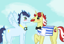 Size: 900x623 | Tagged: safe, artist:ordinarydraw, flam, soarin', g4, blushing, gay, male, shipping, soarflam