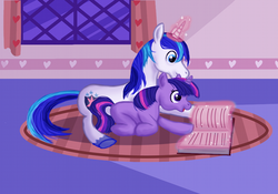 Size: 800x559 | Tagged: safe, artist:whiteeyedcat, shining armor, twilight sparkle, g4, blank flank, filly, reading