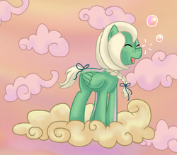 Size: 700x613 | Tagged: safe, artist:whiteeyedcat, oc, oc only, oc:rainy day, pegasus, pony, bubble, cloud, on a cloud, standing on a cloud