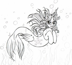 Size: 664x600 | Tagged: safe, artist:stellarina, twilight sparkle, merpony, unicorn, g4, bubble, eyelashes, female, fin wings, fins, fish tail, flowing mane, flowing tail, glowing, glowing horn, horn, lidded eyes, lineart, looking at you, magic, mare, monochrome, ocean, seaponified, seaweed, signature, smiling, smiling at you, species swap, swimming, tail, underwater, water, wings