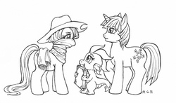 Size: 800x470 | Tagged: safe, artist:stellarina, fluttershy, spike, twilight sparkle, fanfic:on a cross and arrow, g4, barb, dusk shine, lineart, rule 63