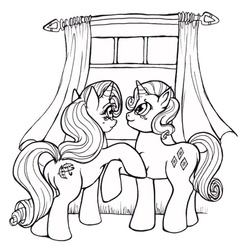 Size: 500x510 | Tagged: safe, artist:stellarina, rarity, pony, unicorn, fanfic:on a cross and arrow, g4, butt, elusive, female, lineart, male, mare, monochrome, plot, rule 63, self paradox, selfcest, ship:rararararara, ship:rarilusive, shipping, straight