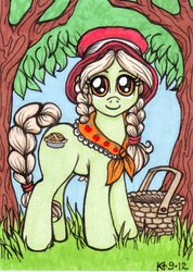 Size: 427x600 | Tagged: safe, artist:stellarina, granny smith, earth pony, pony, g4, adorasmith, basket, bonnet, braid, braided tail, cute, female, mare, solo, young granny smith