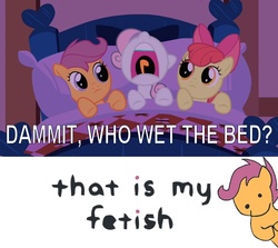 Size: 640x570 | Tagged: safe, edit, edited screencap, screencap, apple bloom, scootaloo, sweetie belle, earth pony, pony, g4, stare master, bed, caption, cutie mark crusaders, female, filly, foal, implied bedwetting, pillow, that is my fetish