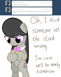 Size: 816x1034 | Tagged: safe, artist:erthilo, octavia melody, earth pony, pony, ask octavia, g4, ask, bipedal, clock, dialogue, female, mare, simple background, solo, tumblr, white background
