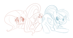 Size: 744x388 | Tagged: safe, artist:jessy, fluttershy, rainbow dash, pegasus, pony, g4, blushing, butt bump, butt to butt, butt touch, duo, female, mare, monochrome, prone, simple background, sketch, white background
