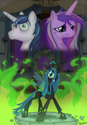 Size: 700x1000 | Tagged: safe, artist:zonra, princess cadance, queen chrysalis, shining armor, alicorn, changeling, changeling queen, pony, unicorn, g4, crying, female, fire, male, mare, mind control, poster, stallion, trio
