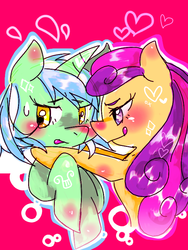 Size: 600x800 | Tagged: safe, artist:kyubi, artist:tuintawaa, bon bon, lyra heartstrings, sweetie drops, earth pony, pony, unicorn, g4, blushing, bust, female, heart, lesbian, pixiv, ship:lyrabon, shipping, tongue out