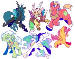 Size: 1016x800 | Tagged: safe, artist:grindzone, big macintosh, discord, granny smith, princess celestia, queen chrysalis, scootaloo, alicorn, changeling, changeling queen, draconequus, earth pony, pegasus, pony, g4, female, filly, foal, male, mare, simple background, stallion, transparent background