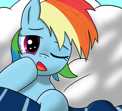 Size: 1280x1160 | Tagged: safe, artist:10art1, rainbow dash, pegasus, pony, g4, cloud, female, mare, morning ponies, on a cloud, solo, waking up, yawn