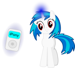 Size: 5000x4536 | Tagged: safe, artist:tandyman100, dj pon-3, vinyl scratch, pony, unicorn, g4, absurd resolution, female, glowing horn, hooves, horn, ipod, levitation, magic, mare, simple background, solo, telekinesis, text, transparent background, vector