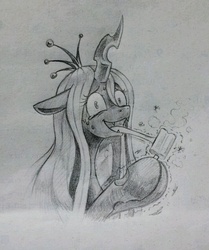 Size: 721x863 | Tagged: safe, artist:discommunicator, queen chrysalis, changeling, changeling queen, g4, female, food, monochrome, popsicle, solo