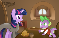 Size: 3035x1950 | Tagged: safe, artist:shadowdark3, spike, twilight sparkle, g4, bilbo baggins, book, bread, cheese, clothes, duo, fellowship is magic, gandalf, gandalf the grey, lord of the rings, parody, pot, vest