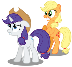 Size: 6140x5706 | Tagged: safe, artist:austiniousi, applejack, rarity, earth pony, pony, unicorn, g4, absurd resolution, accessory swap, alternate hairstyle, duo, duo female, female, mare, simple background, transparent background, vector