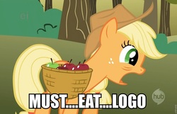 Size: 960x618 | Tagged: safe, applejack, earth pony, pony, g4, apple, female, fourth wall, hub logo, hubble, hungry, image macro, logo, solo, television logo joke