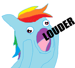 Size: 1051x955 | Tagged: safe, rainbow dash, pegasus, pony, g4, bust, female, louder, mare, open mouth, simple background, solo, text, white background